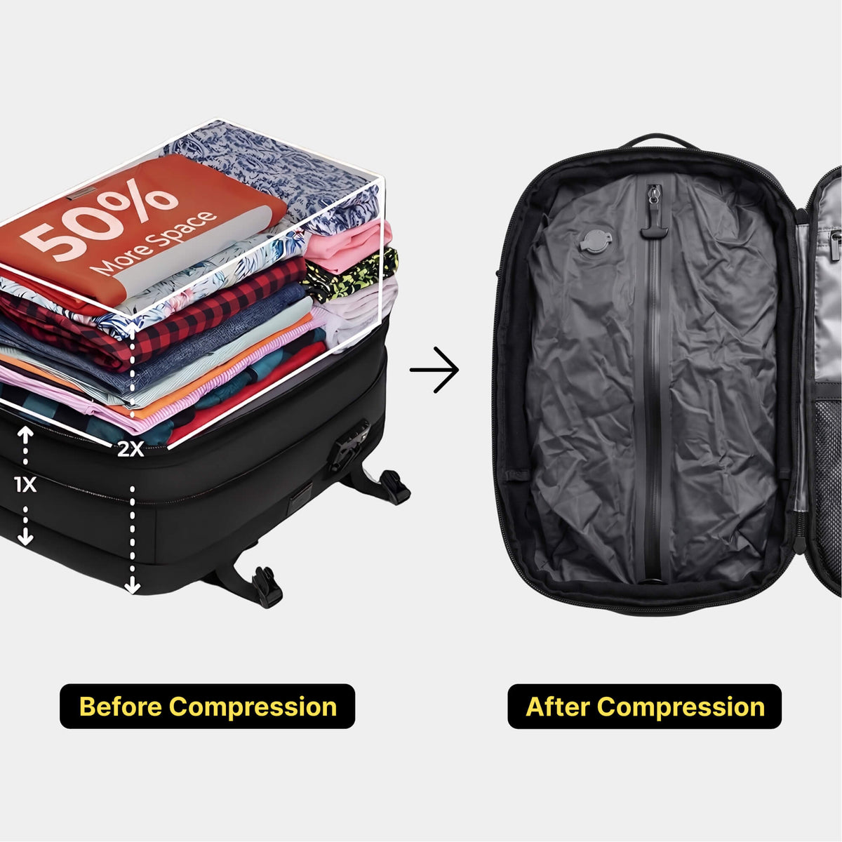VAULTBAG vacuum compression before and after — same bag, half the size