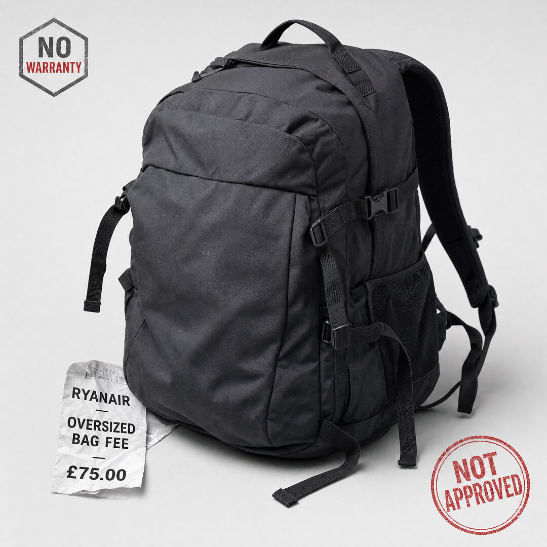 A generic oversized travel backpack that failed the gate sizer