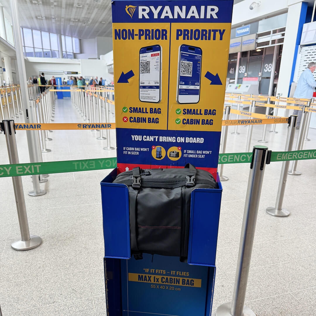 VAULTBAG fitting perfectly inside a Ryanair gate sizer cage