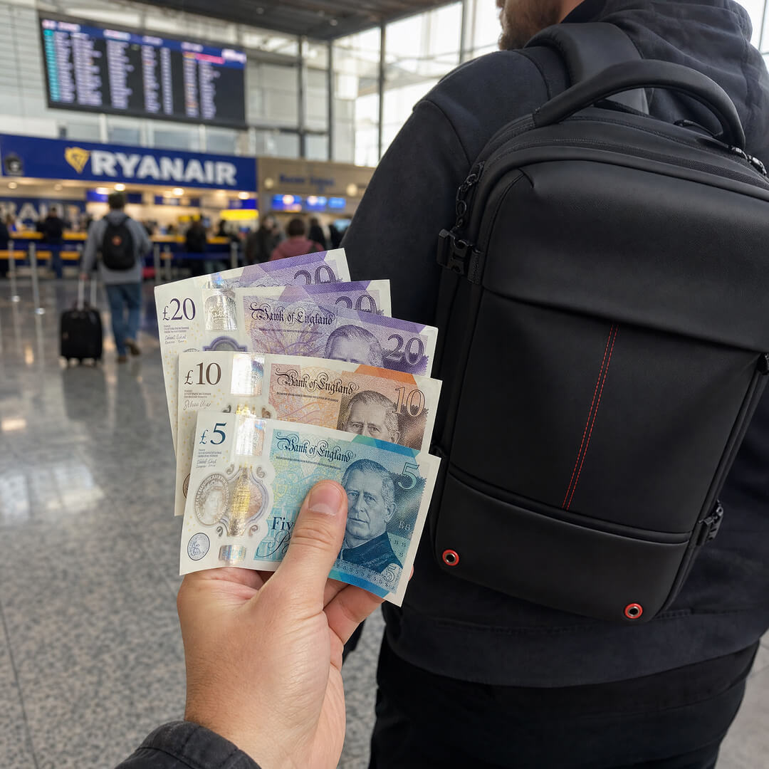 A traveller holding £75 in British cash with the VAULTBAG visible